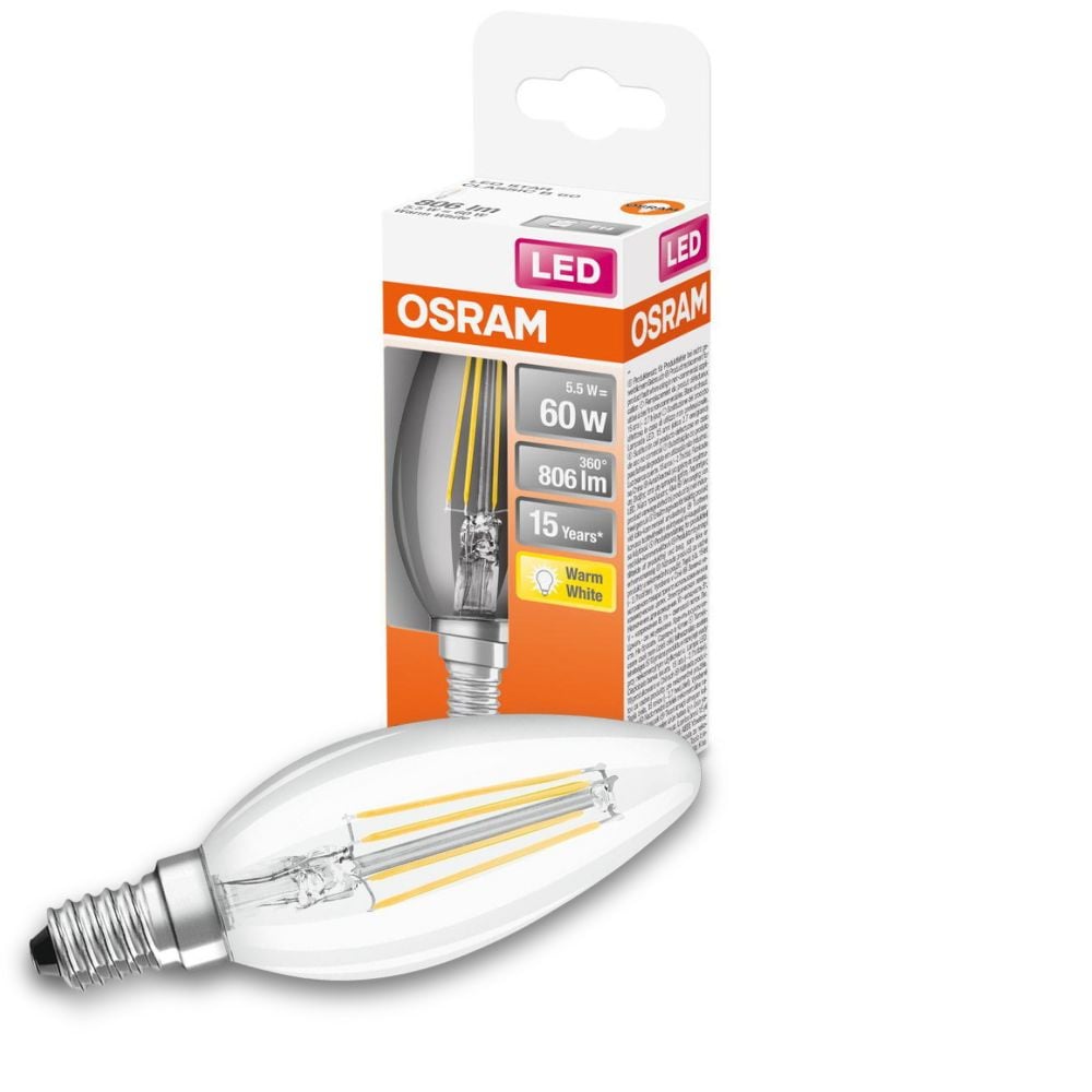 Osram LED Lampe ersetzt 60W E14 Kerze - B35 in Transparent 5,5W 806lm 2700K 1er Pack