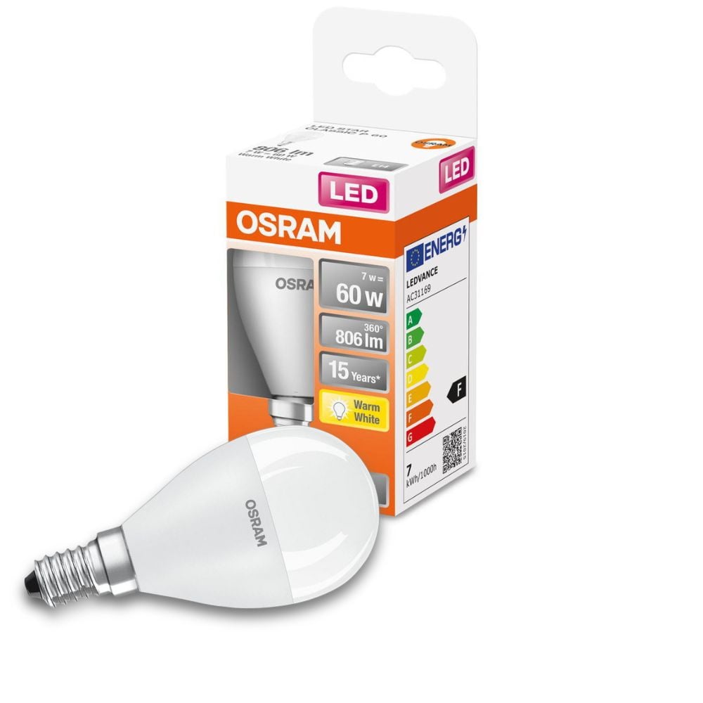 Osram LED Lampe ersetzt 60W E14 Tropfen - P48 in Wei 7W 806lm 2700K 1er Pack